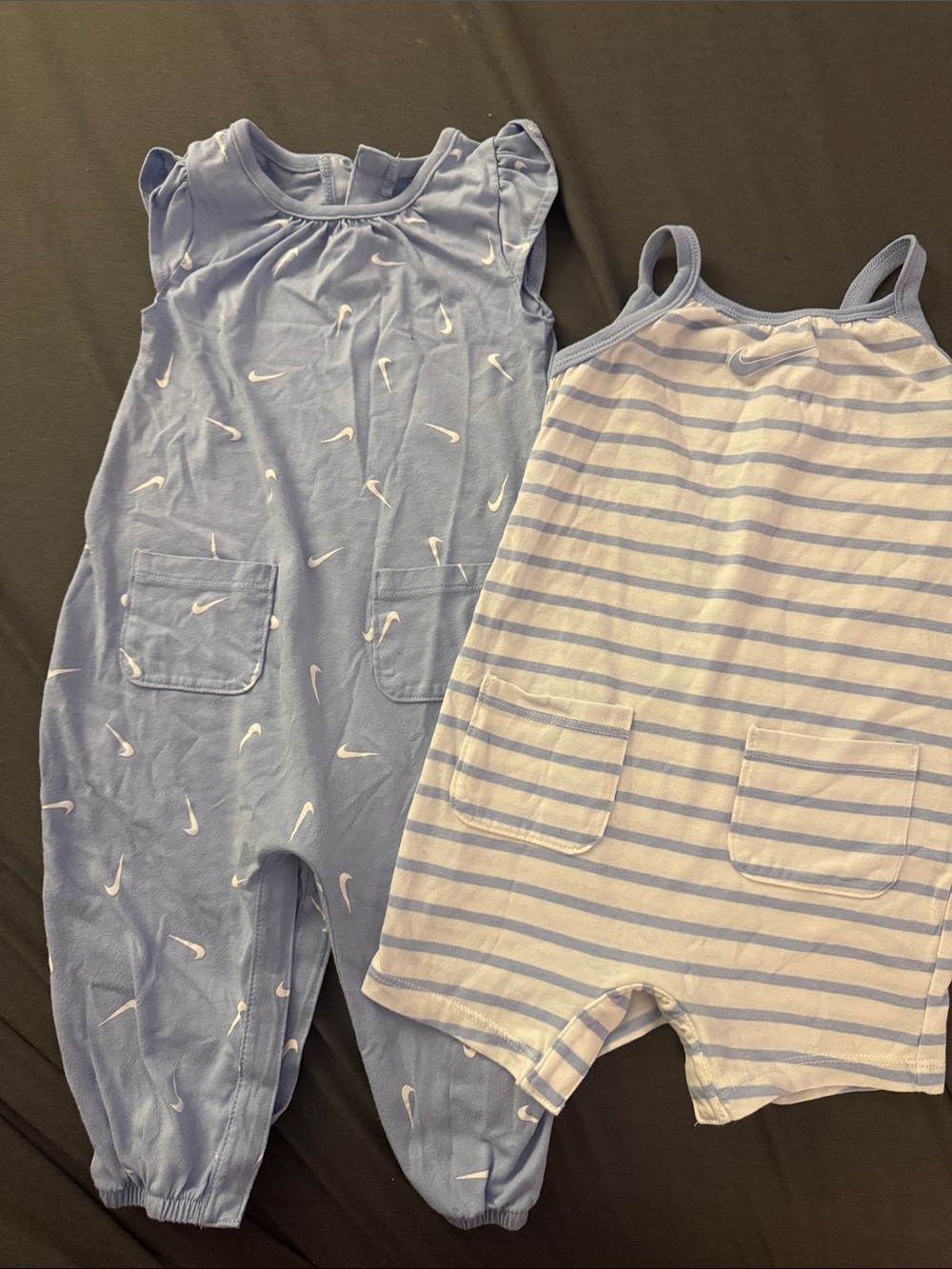 Nike Light Blue Baby One-Piece Rompers - Swoosh Print & Striped Set 12 mo Girls